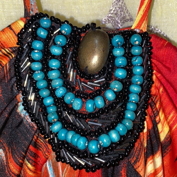 BEADED WESTERN DECOR HALTER DRESS SZ L REAR ELASTIC BACKLESS - Picture 4 of 16